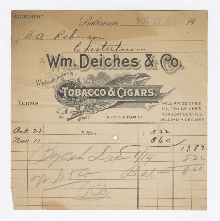 Wm. Deiches Tobacco receipt, 1914 November 27