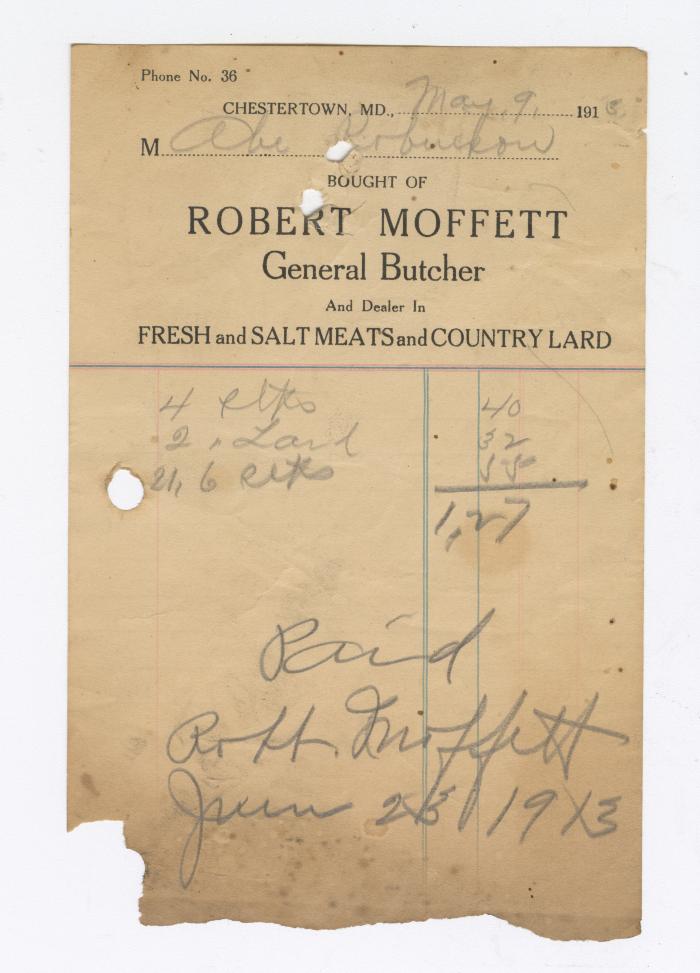 Moffett and Sons butchers bill, 1915 May 9