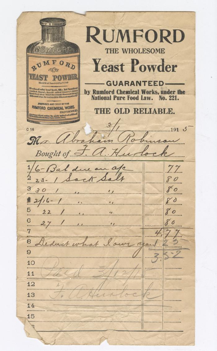 F. A. Hurlock Grocer bill, 1915 March 1
