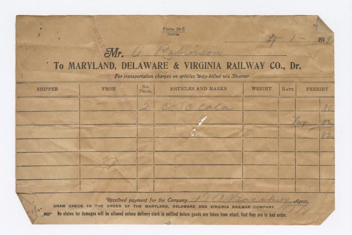Abraham Robinson shipping bill, 1919 April 1