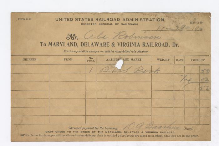 Abraham Robinson shipping bill, 1919 November 29