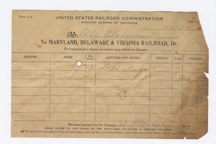 Abraham Robinson shipping bill, circa 1910 August 12