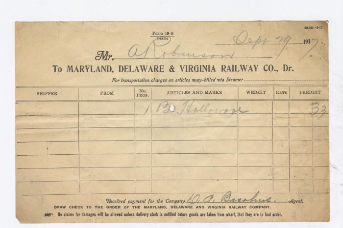 Abraham Robinson shipping bill, 1917 September 29