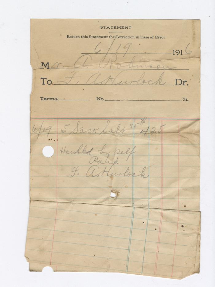 F. A. Hurlock Grocer bill, 1916 June 19