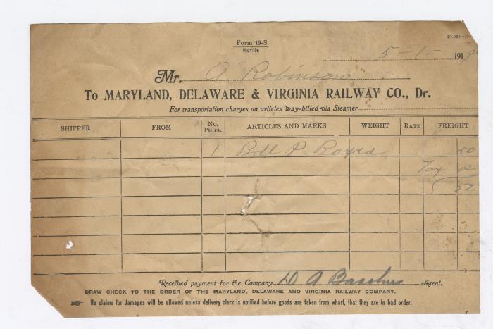 Abraham Robinson shipping bill, 1919 May 1