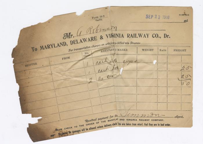 Abraham Robinson shipping bill, 1916 September 23