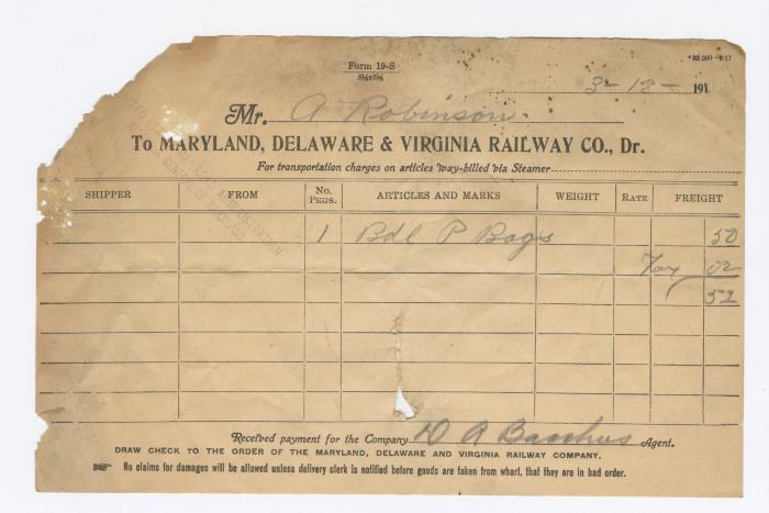 Abraham Robinson shipping bill, circa 1910 March 13