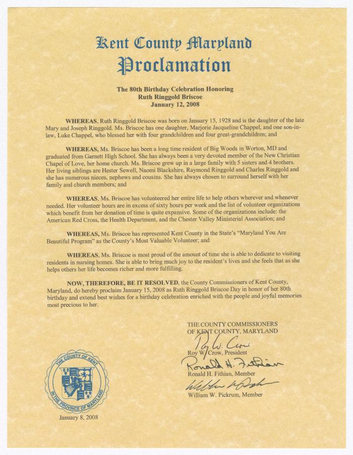 Ruth Ringgold Briscoe day proclamation