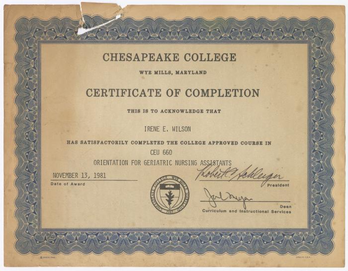 Chesapeake College Certificate of Completion for Irene E. Wilson