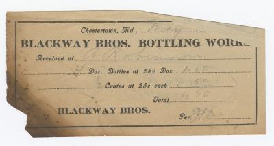 Blackway Brothers Bottling receipt, circa 1910 May