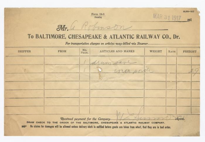 Abraham Robinson shipping bill, 1917 March 31