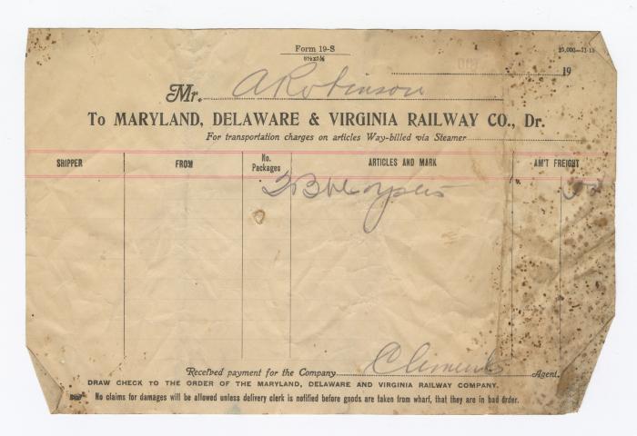 Abraham Robinson shipping bill, circa 1910 October
