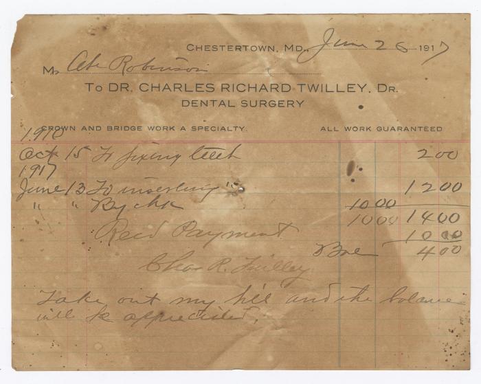 Dr. Twilley dental bill, 1917 June 26