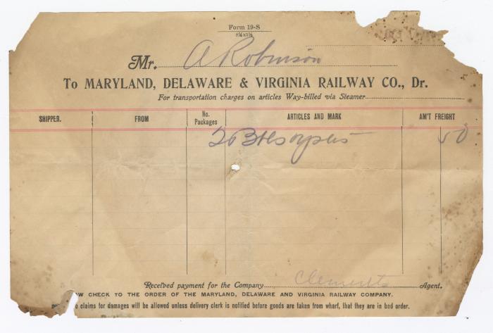 Abraham Robinson shipping bill, circa 1910 October