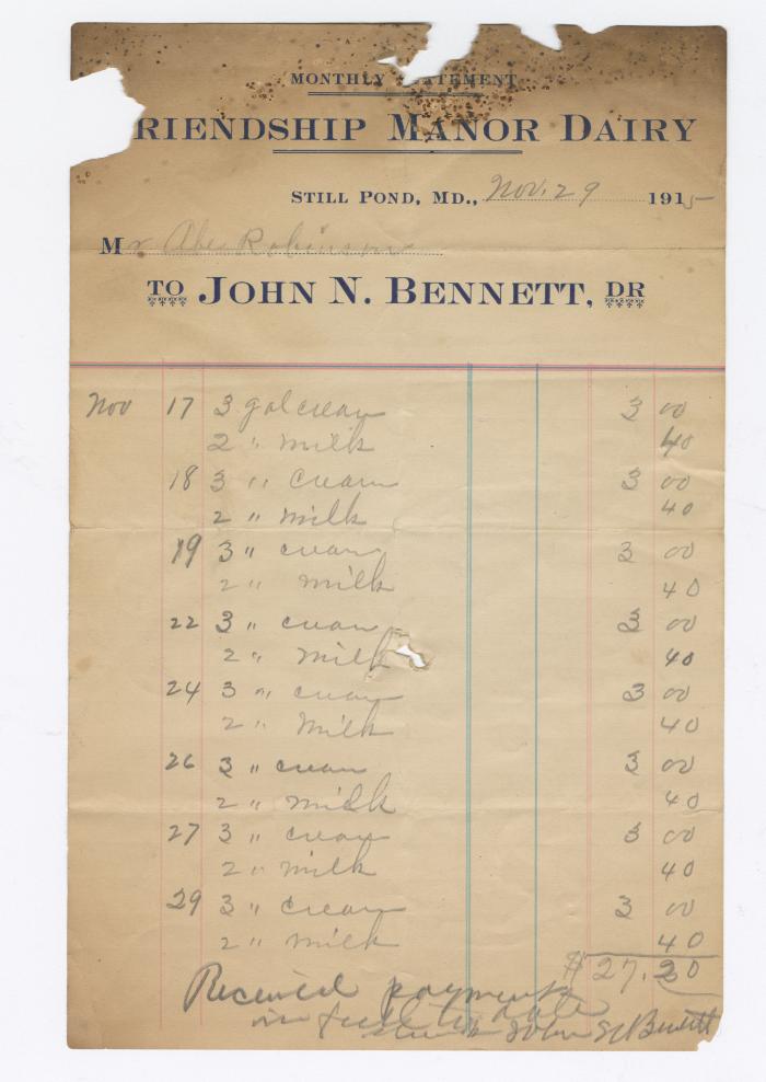 Friendship Manor Dairy monthly statement, 1915 November 29