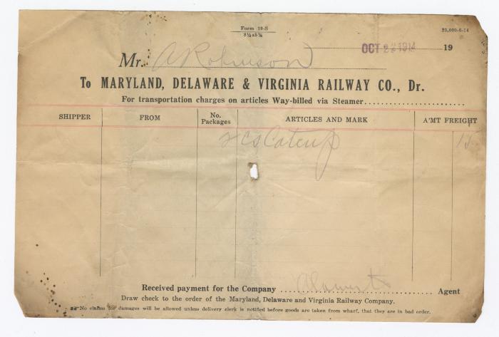 Abraham Robinson shipping bill, 1914 October 22