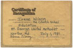 Certificate of Recognition for Irene E. Wilson