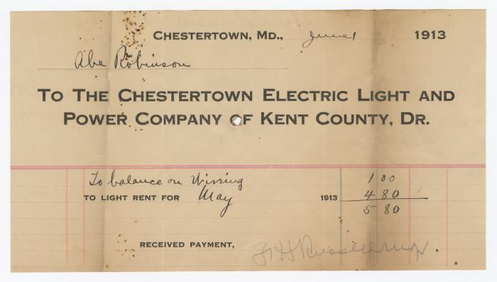 Chestertown Light and Power Company bill, 1913 June 1