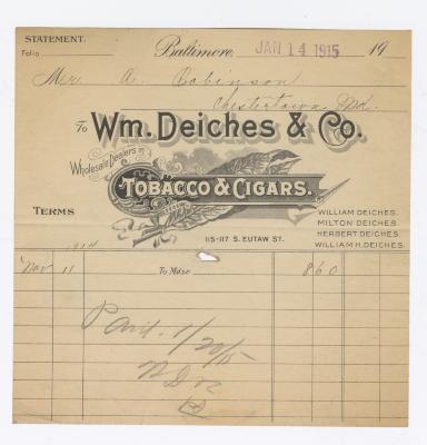 Wm. Deiches Tobacco receipt, 1915 January 14