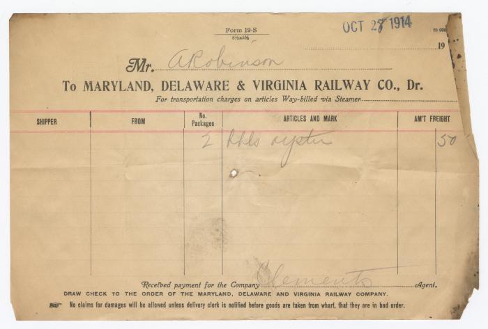 Abraham Robinson shipping bill, 1914 October 28