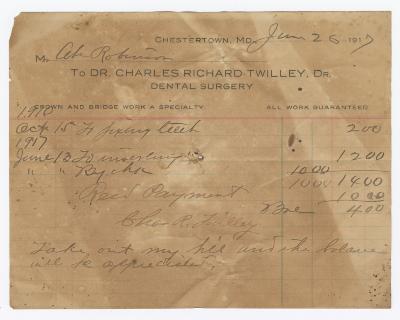 Dr. Twilley dental bill, 1917 June 26