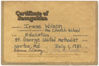 Certificate of Recognition for Irene E. Wilson