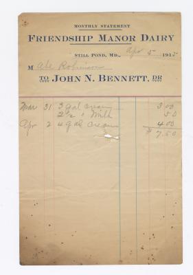 Friendship Manor Dairy monthly statement, 1915 April 5
