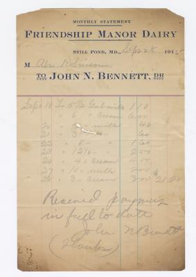 Friendship Manor Dairy monthly statement, 1915 September 28