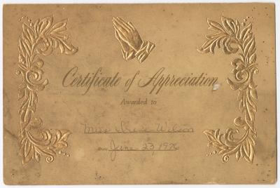Certificate of Appreciation to Irene E. Wilson