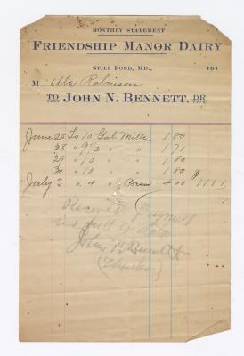 Friendship Manor Dairy monthly statement, circa 1910