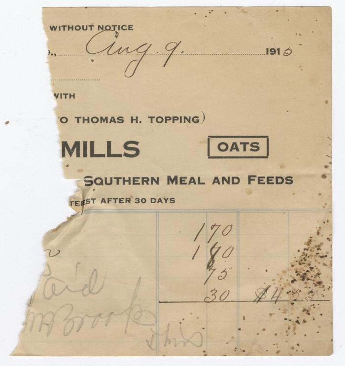 Radcliffe Mills bill fragment, 1915 August 9
