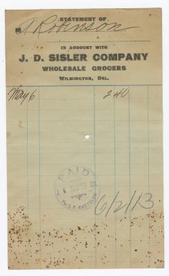J. D. Sisler Grocer receipt, 1913 June 2