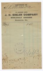 J. D. Sisler Grocer receipt, 1913 June 2