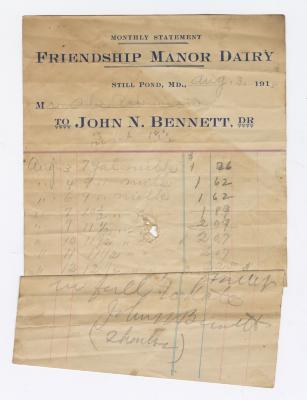 Friendship Manor Dairy monthly statement, 1915 August 3