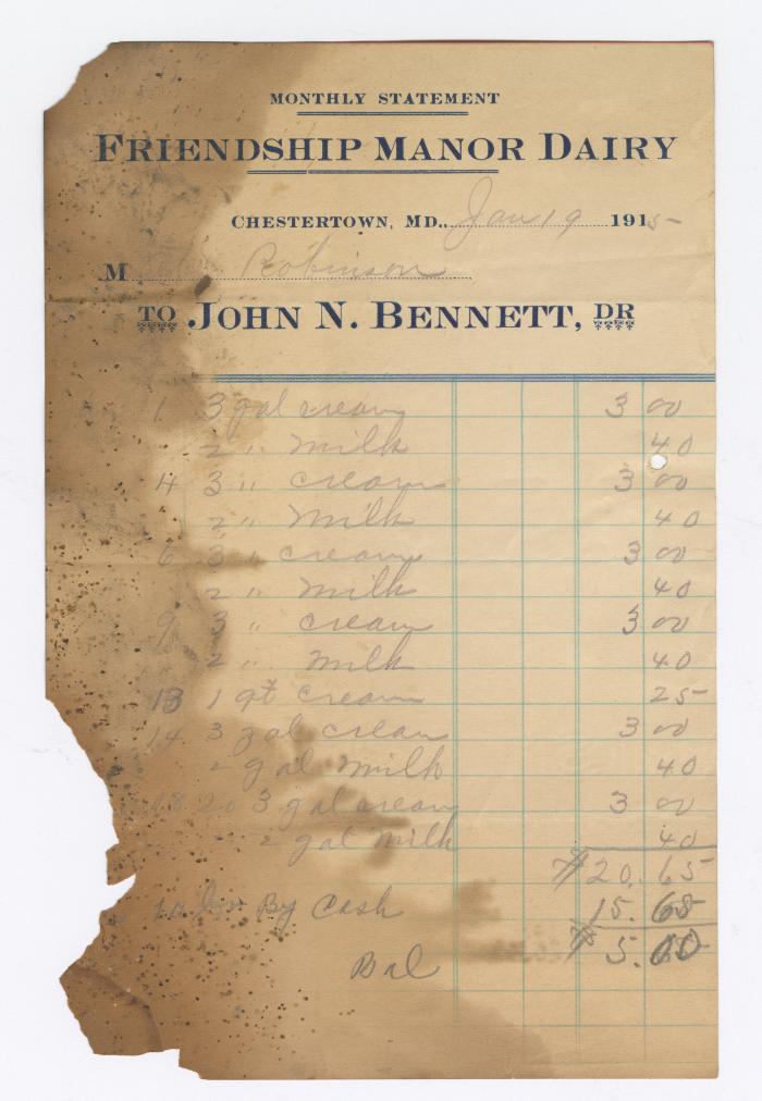 Friendship Manor Dairy monthly statement, 1915 January 19