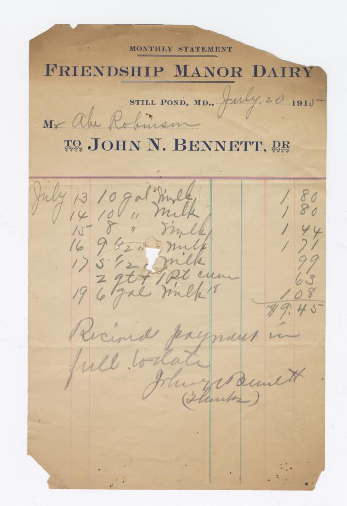 Friendship Manor Dairy monthly statement, 1915 July 20