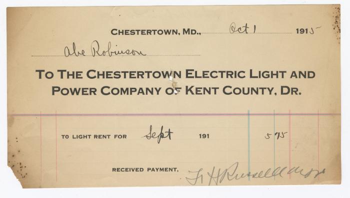 Chestertown Light and Power Company bill, 1915 October 1