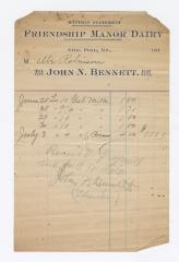 Friendship Manor Dairy monthly statement, circa 1910