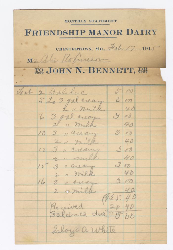 Friendship Manor Dairy monthly statement, 1915 February 17