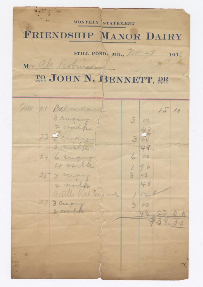 Friendship Manor Dairy monthly statement, 1916 November 29
