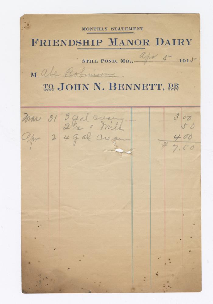 Friendship Manor Dairy monthly statement, 1915 April 5