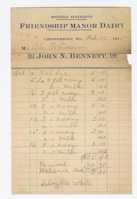 Friendship Manor Dairy monthly statement, 1915 February 17