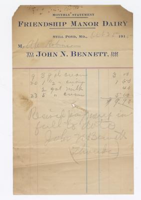 Friendship Manor Dairy monthly statement, 1915 October 25