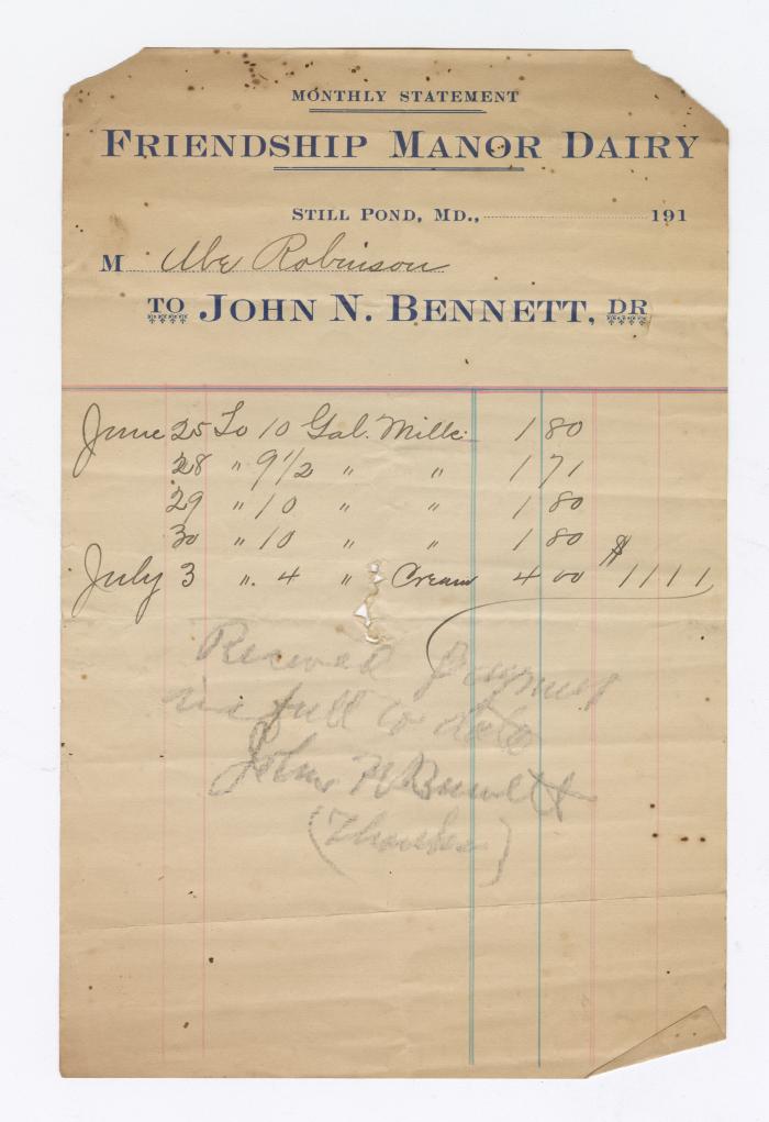 Friendship Manor Dairy monthly statement, circa 1910