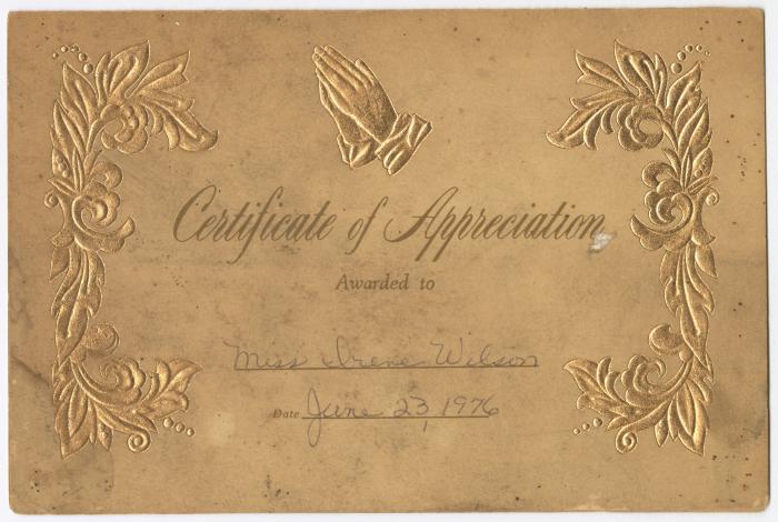 Certificate of Appreciation to Irene E. Wilson