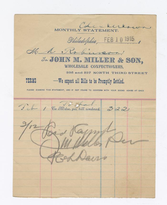 John Miller & Son monthly statement, 1915 February 10