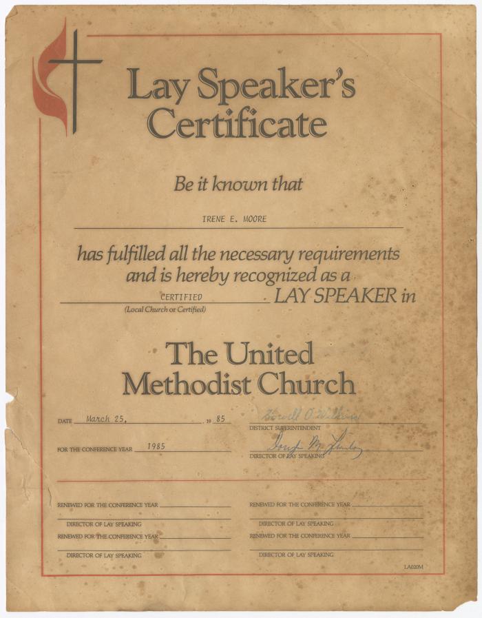 Lay Speaker's Certificate, Irene E. Moore
