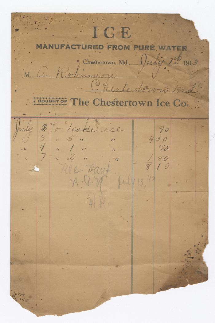Chestertown Ice Co. bill, 1913 July 7