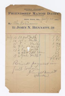 Friendship Manor Dairy monthly statement, 1915 July 20