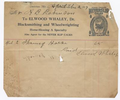 Elwood Whaley blacksmith receipt, 1917 April 7